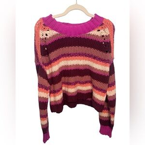 Free People XL Chunky Knit Striped Boho Multicolor Knit Sweater